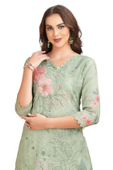 Floral Print Chikankari Straight cut Kurta set with pant and Dupatta Green